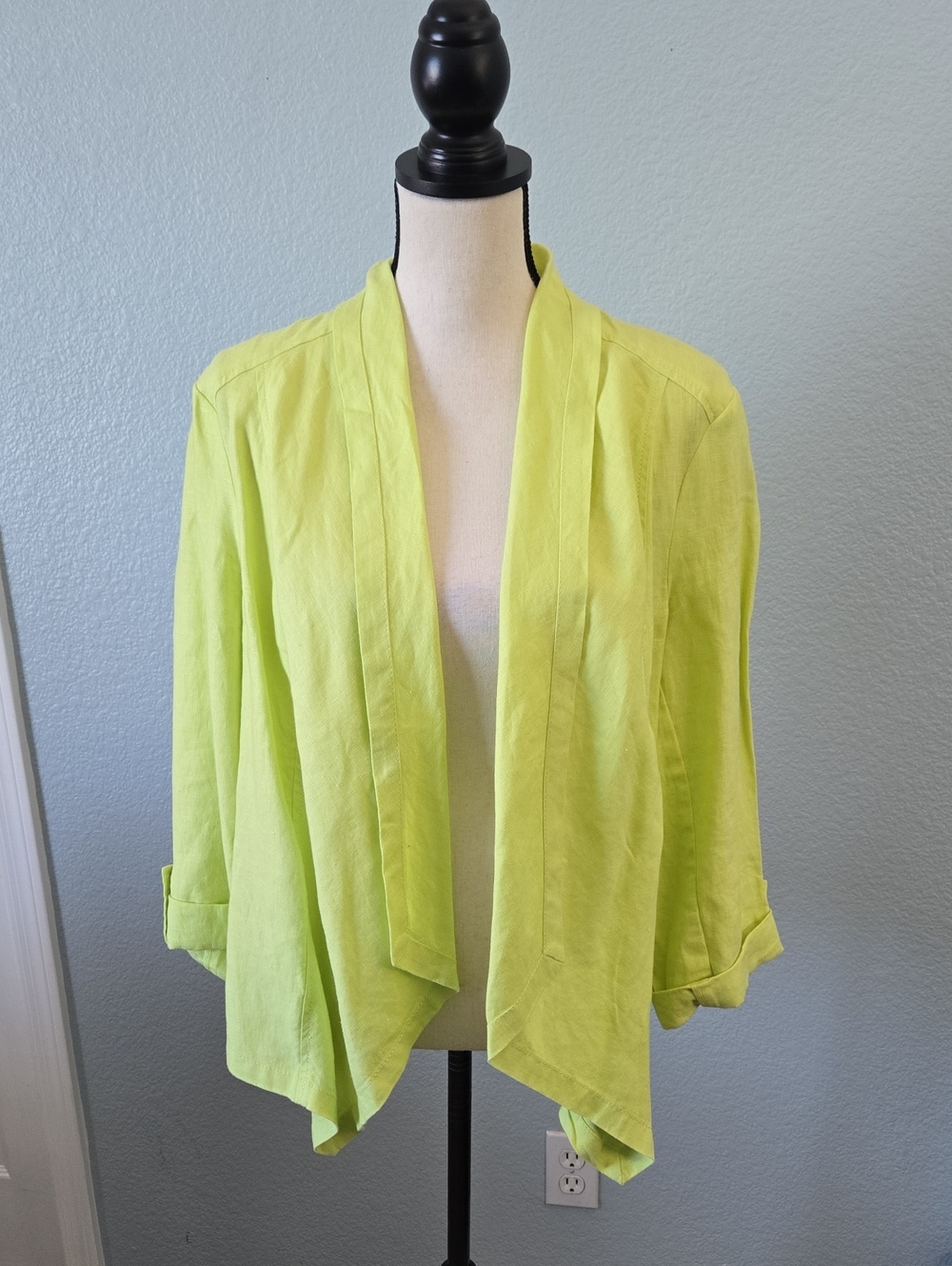 CHICO'S Soft Lime Linen Flyaway Francesca Open Jacket Sz 2 / LARGE